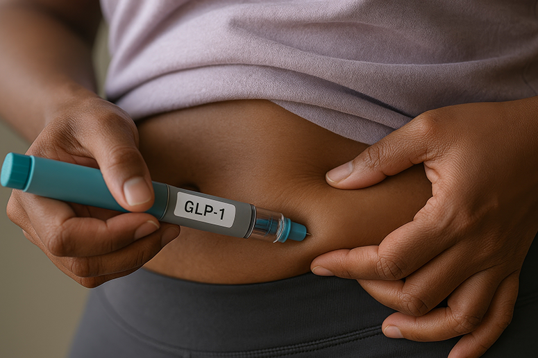 woman injecting GLP-1 syringe into abdomen